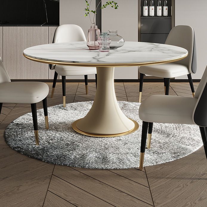 Mesa de comedor de lujo tradicional redonda mesa de piedra sinterizada blanca con base de pedestal blanco
