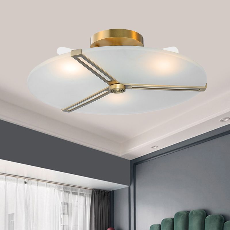 Retro Plate Frosted Glass Semi Flush 3 Bulbs Ceiling Mount Chandelier with Brass Band