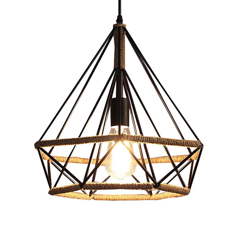 Diamond Cage Rope Ceiling Pendant Light Vintage Style Restaurant Pendant Ceiling Light in Beige