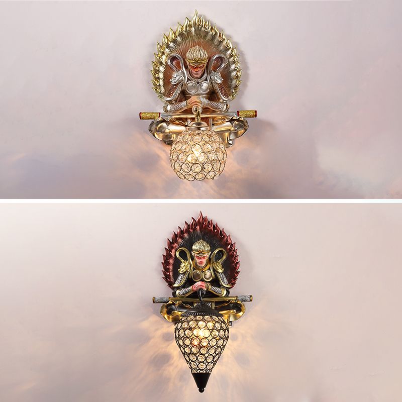 Resin Monkey King Wall Sconce Decorative 1-Light Wall Lamp with Crystal Shade