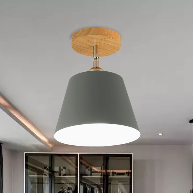 1 Light Tapered Semi Flush Pendant Light Modernism Gray/Pink Metal and Wood Adjustable Ceiling Light