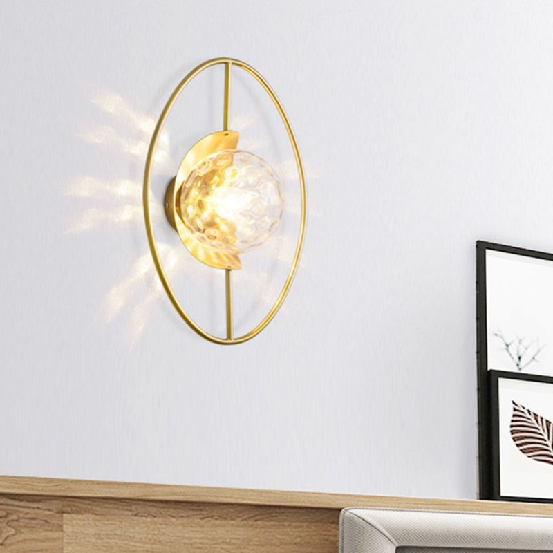 Duidelijke kuiltjesglas Orb SCONCE LAMP MODERNE 1-BULB Zwart/gouden wandlamp met ringdetails met ringdetail