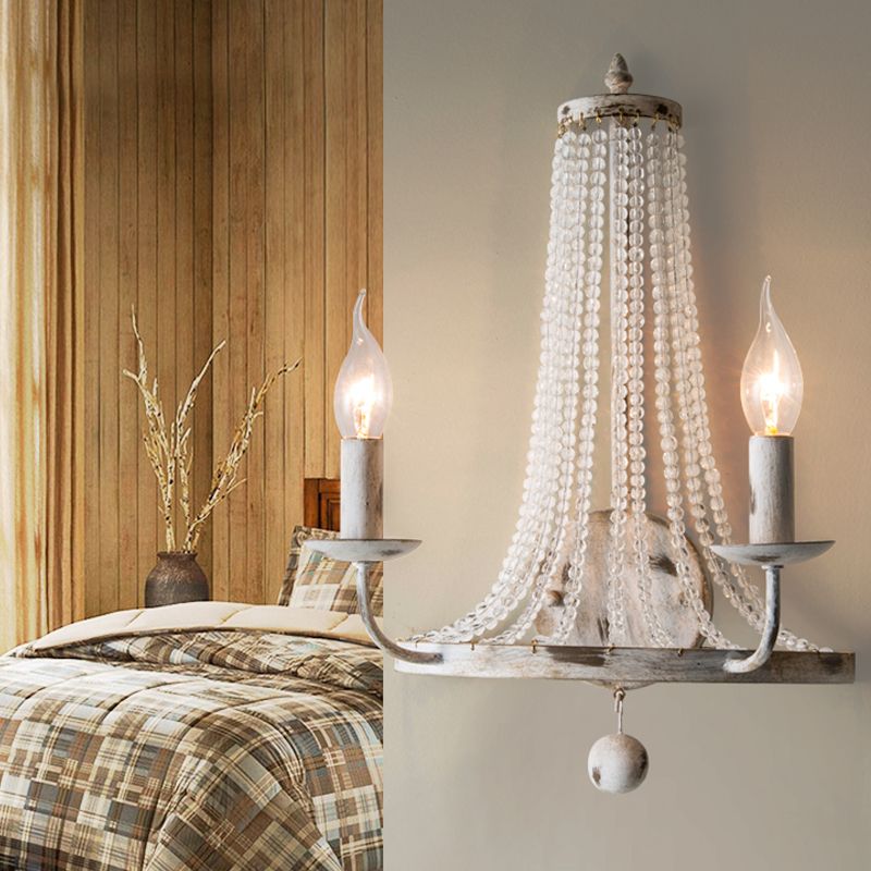 Basket Crystal Strand Wall Lighting Countryside 2-Light Bedroom Sconce Lamp in White with Candle Design