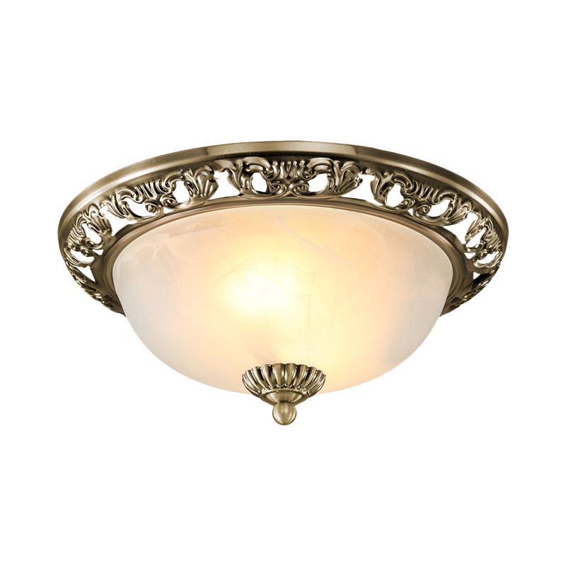 Bowl Shade Opal Glass Flush Ceiling Light Countryside 3-Head Living Room Metal Flush Mount Fixture in Bronze/Copper, 12"/16"/19.5" Wide