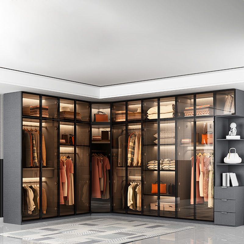 Bedroom Hinged Doors Storage Cabinet Glass Door Wardrobe with Garment Rod