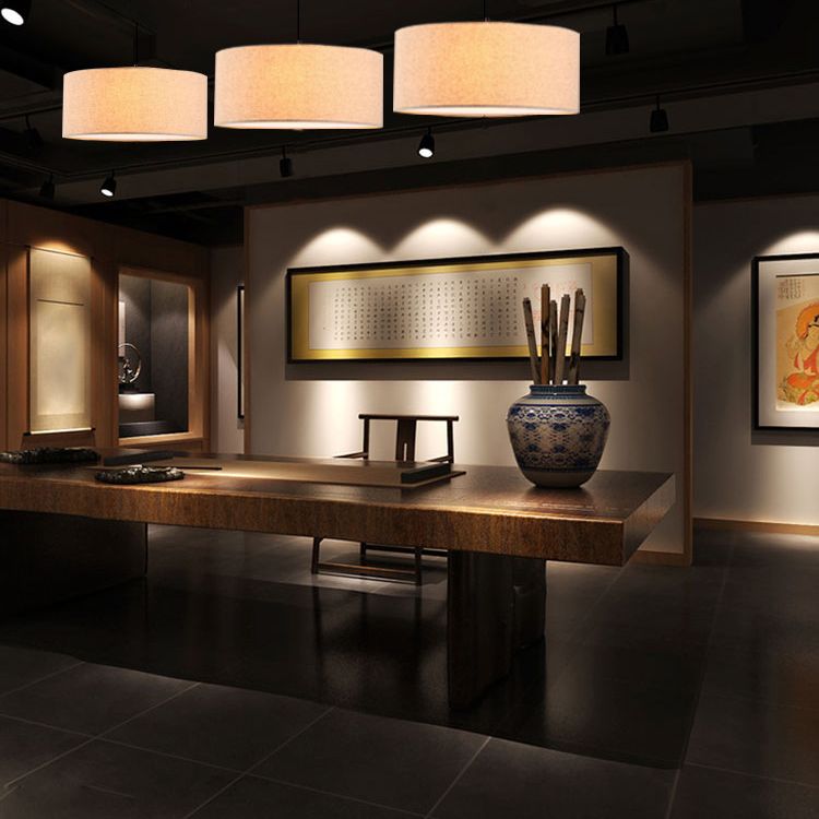 Restaurant Hanging Lamp Fixture Modern Minimalist Pendant Light with Drum Fabric Shade