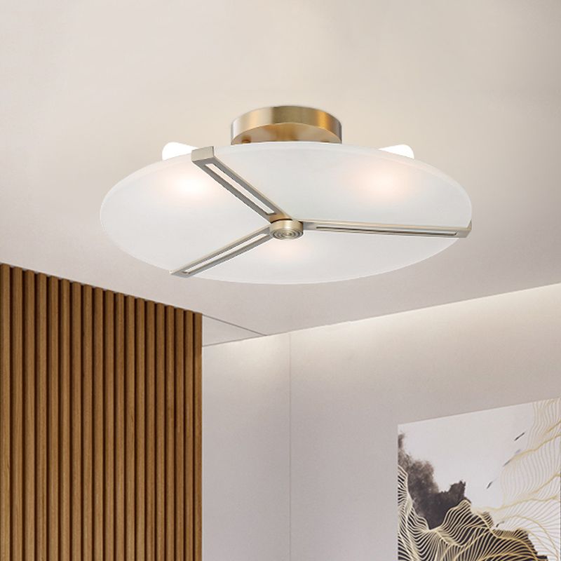 Retro Plate Frosted Glass Semi Flush 3 Bulbs Ceiling Mount Chandelier with Brass Band