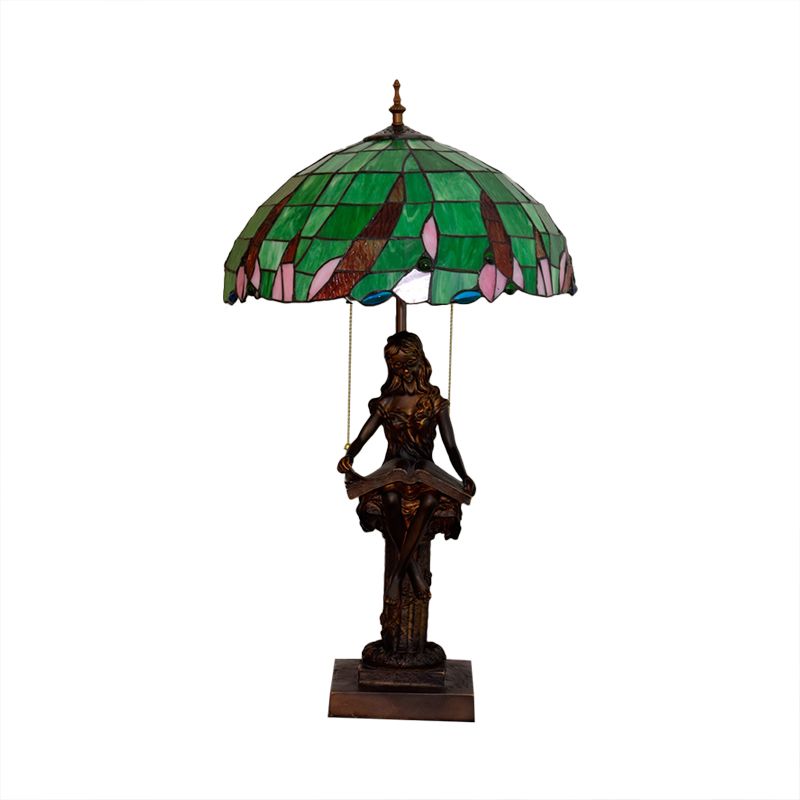 Mädchen Lesen Harz Ziehen Kettentisch Leichte Tiffany 2 Köpfe Kaffee Nachttisch Lampe mit Schüssel grüner Glasschatten