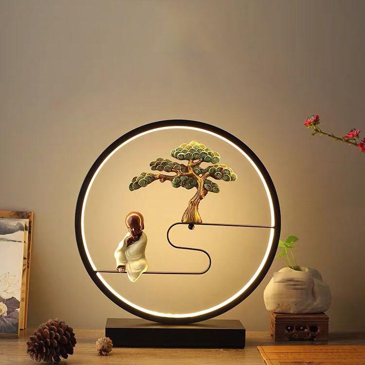 1-Light Circle Table Lamp Contemporary Metal Nightstand Lamps for Bedroom