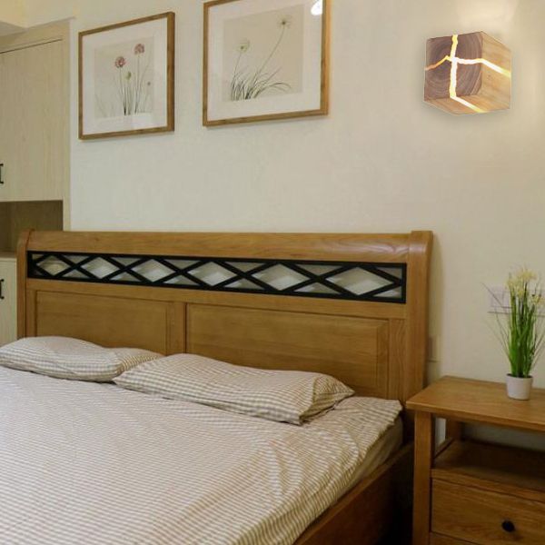 Log Color 1-Light Wall Lamp in Modern Minimalist Wooden Square Wall Light for Bedroom