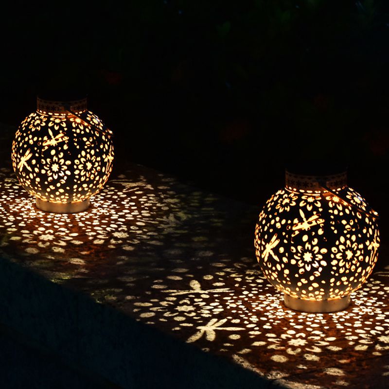 Metallic Hollow-out Lantern LED Pendant Light Art Decor White Solar Hanging Lamp for Garden