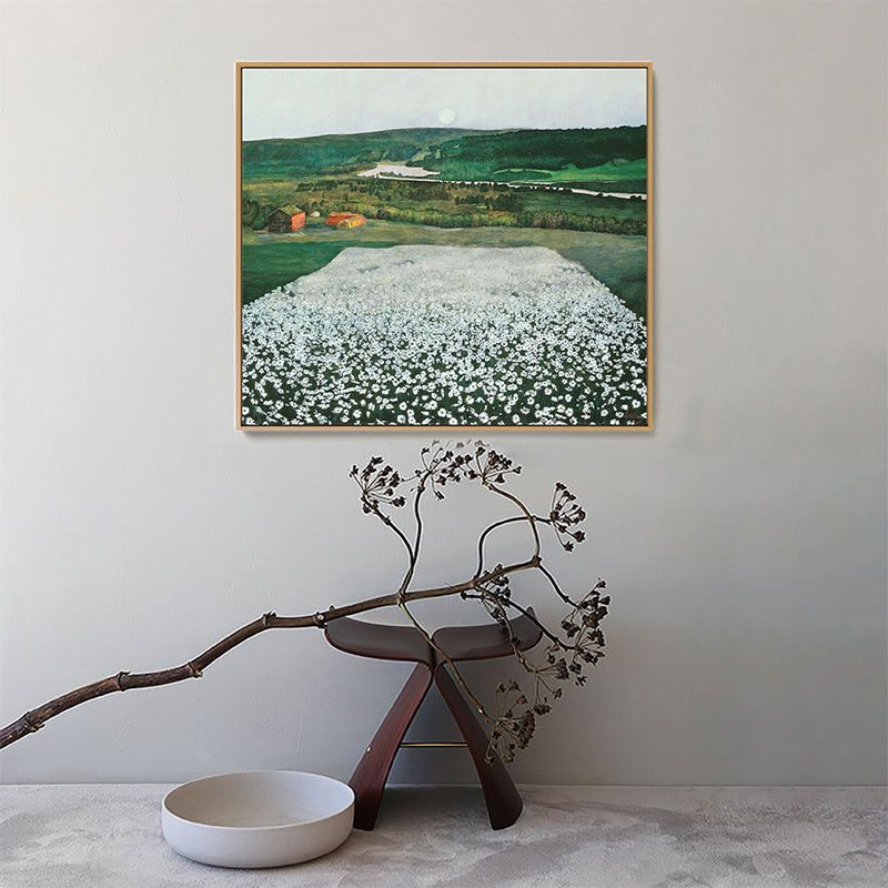 Country Flower Field Canvas Art Green and White Textured Painting for Dining Room