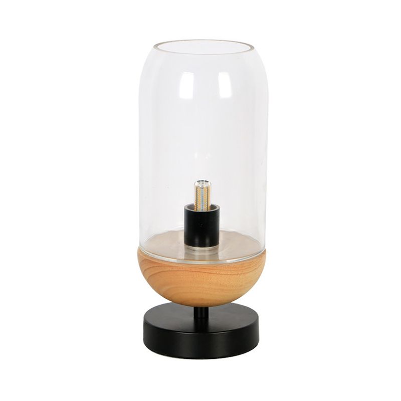 Moderna illuminazione da tavolo a LED Lampada da scrivania piccola con cilindro nero e legno con paralume in vetro trasparente