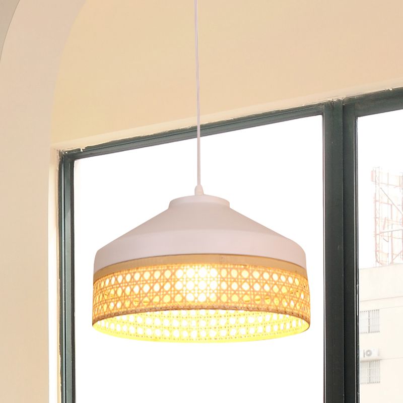 Iron Barn Pendant Light Kit Modernist 1 Head White Ceiling Suspension Lamp with Woven Bamboo Rattan Detail