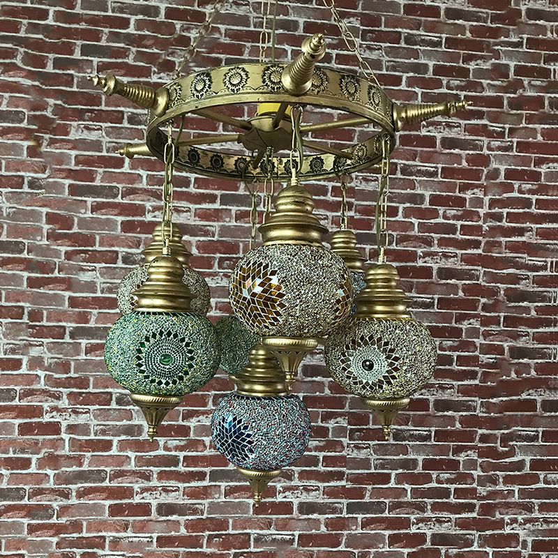 Globe Ceiling Chandelier Retro Colorful Glass 7 Heads Bronze Pendant Lighting Fixture for Living Room