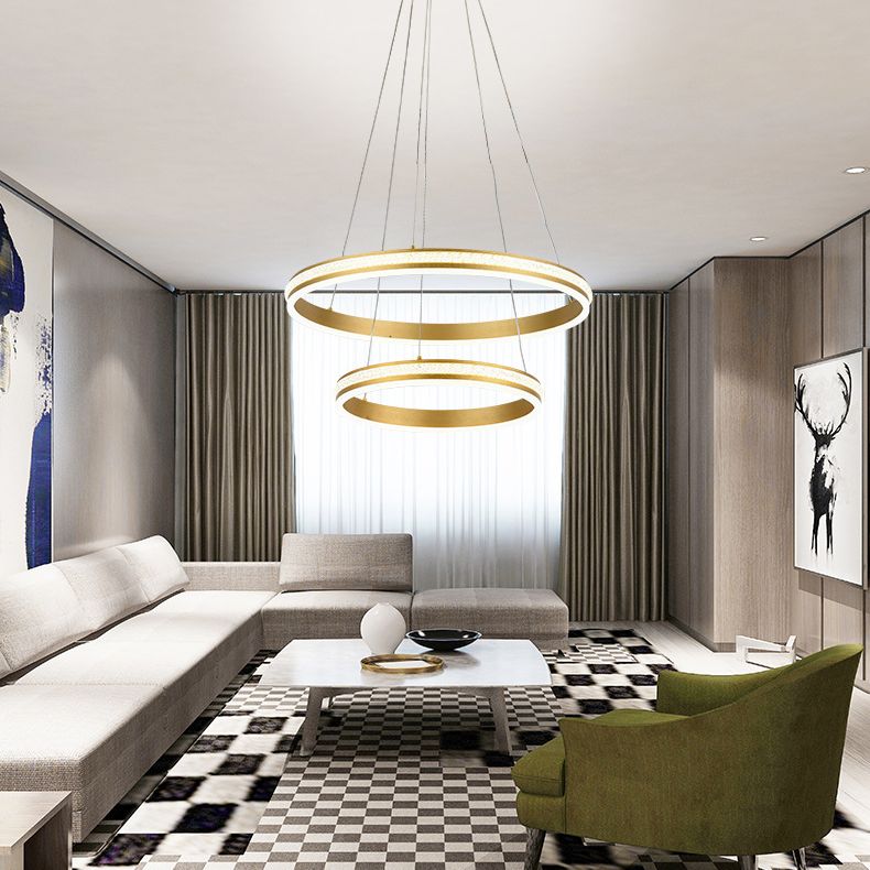 16"+24" Diameter 2-Tiered Ring LED Chandelier Aluminum Gold LED Hanging Pendant Light with Diamond Stripes Acrylic Shade