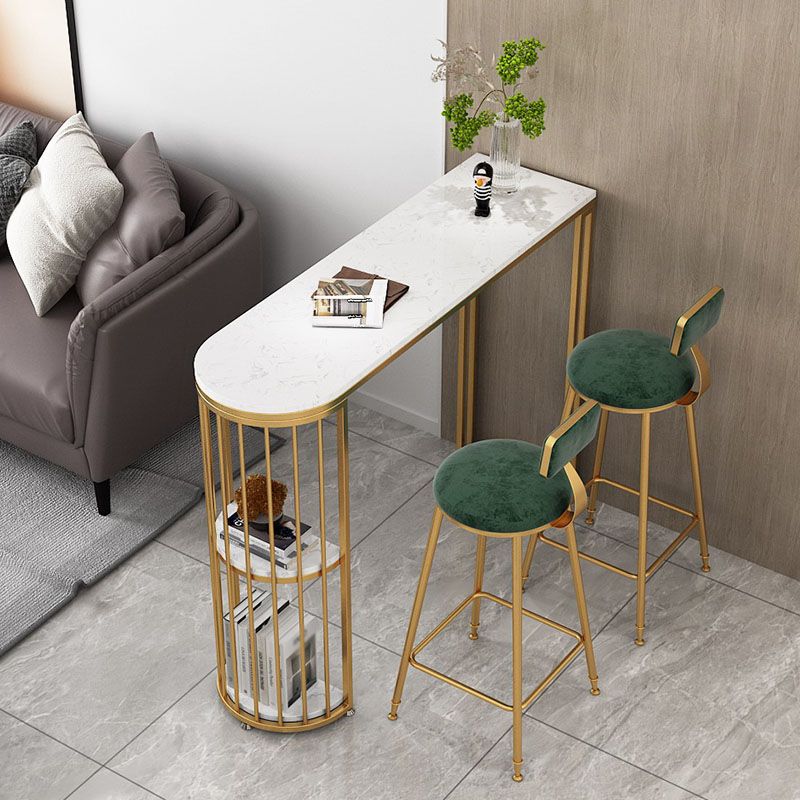 Faux Marble Indoor Glam Bar Dining Table Iron Double Pedestal Bistro Table with Shelve