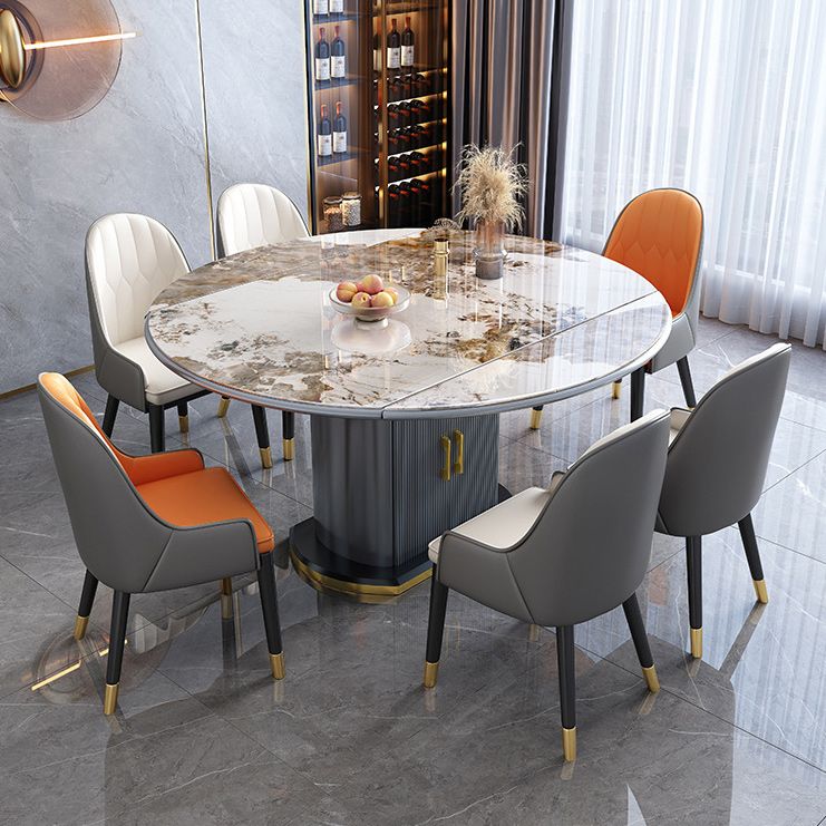 Contemporary Storage Pedestal Dining Table Round Extendable Dinner Table for Home