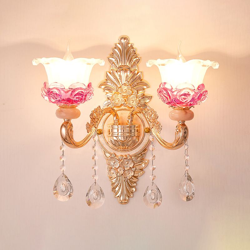 Gold Floral Ruffle Wall Mount Light Traditional Glass Corridor Wall Light Fixture with Crystal Accent