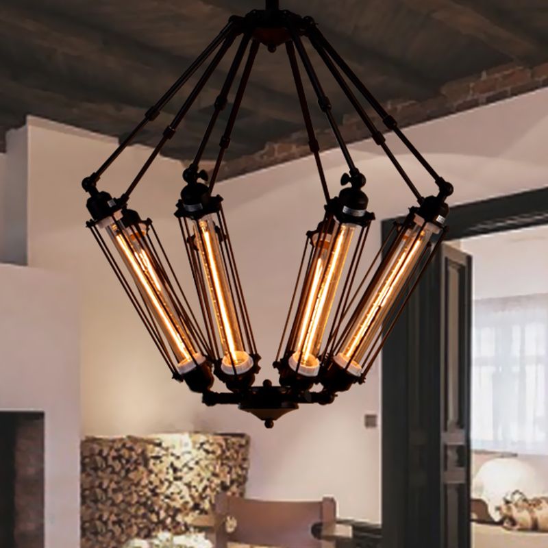 Tube Cage Metal Pendant Ceiling Lamp Industrial Style 4 Lights Indoor Chandelier Light Fixture in Black