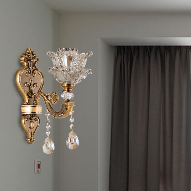 1/2 Bulbs Wall Light Sconce Traditional Living Room Wall Lighting Fixture with Blossom Water Glass Shade in Brass