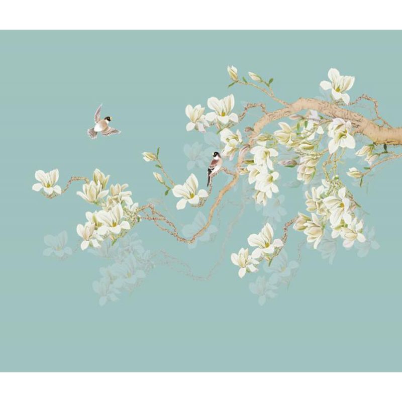 Whole Modern Mural Decal Blue Bird and Blooming Flowers Wall Decor, Made to Measure