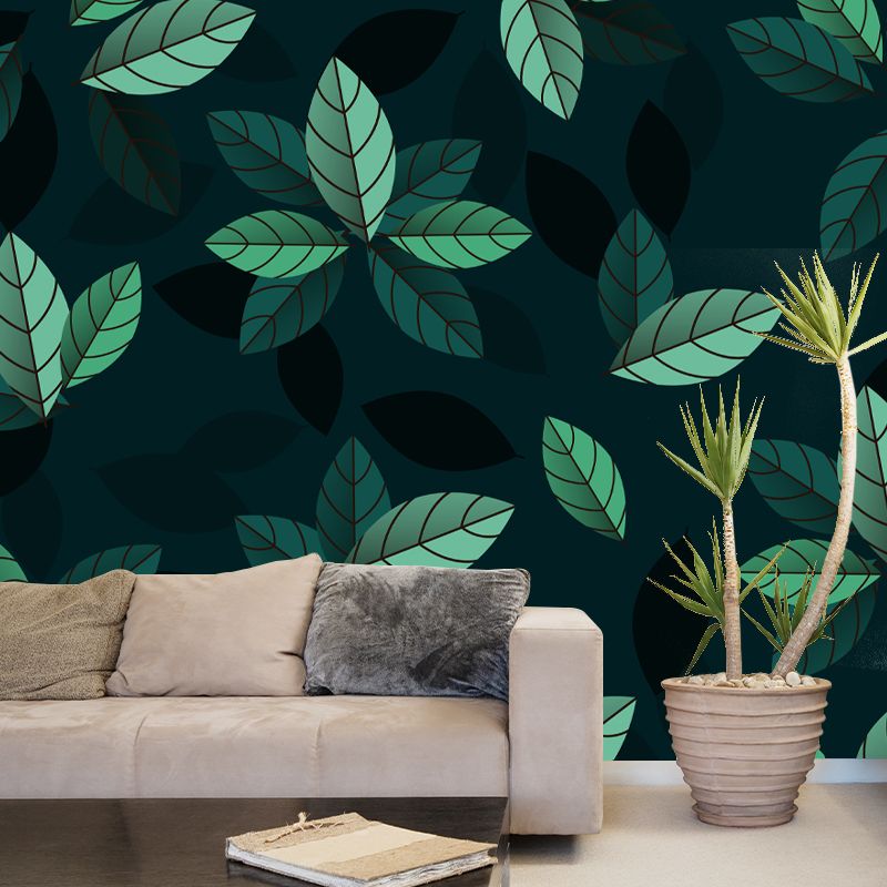 Leaf Plant Illustration Mural Wallpaper Stain-Resistant Wall Covering for Reading Room
