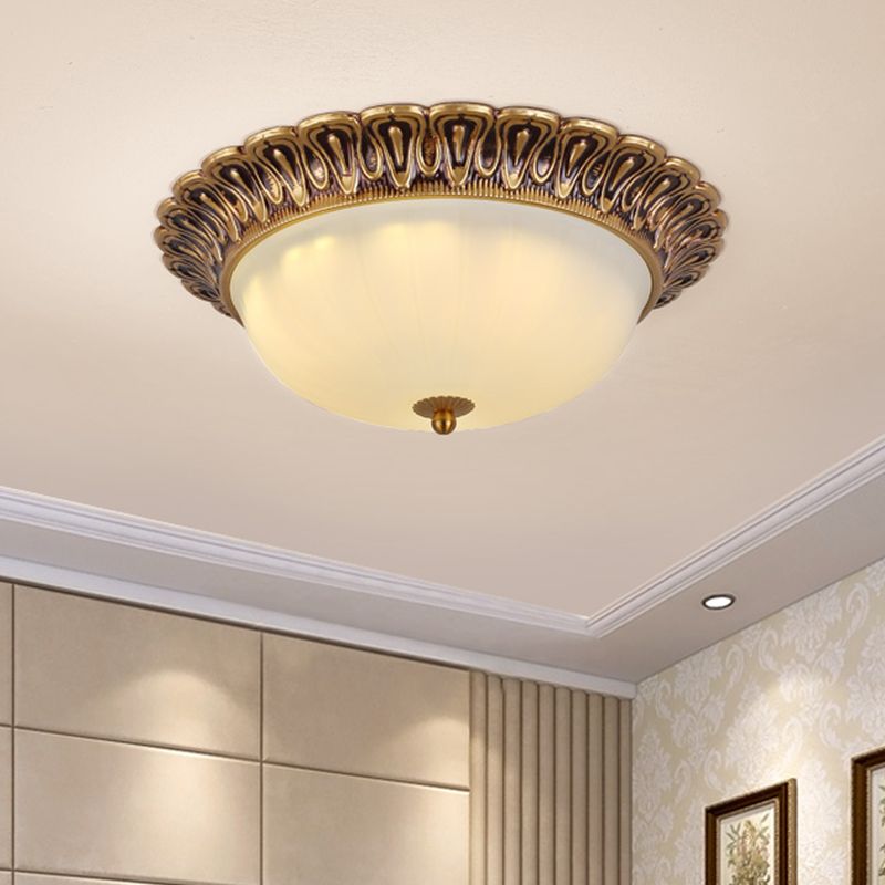 Minimalist Bowl Shaped Flushmount 2/3 Lights White Cloud Glass Ceiling Lighting Fixture with Brass Scalloped Trim