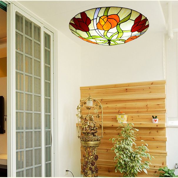 Flower Flush Mount Light Fixtures Multicolored Stained Glass Tiffany-Style Ceiling Lights Flush Mount