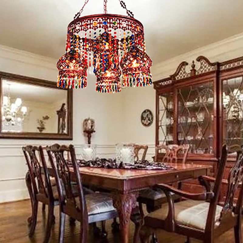 Copper Circular Chandelier Pendant Light Bohemian Metal 4 Heads Dining Room Ceiling Suspension Lamp