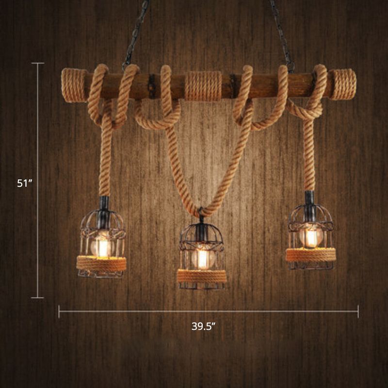 Lámpara colgante de bambú de 3 luces Estilo country Restaurant Island Light con cuerda de cáñamo