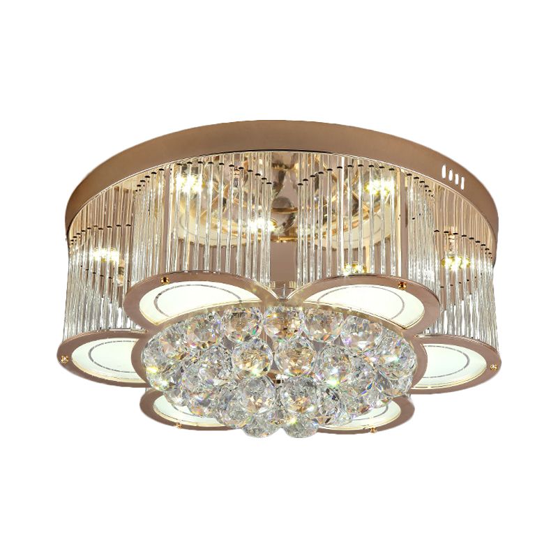 Gold Flower LED Ceiling Mounted Fixture Contemporary Fluted Clear Crystal Flush Light