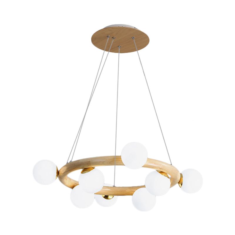 Orbs Opal Matte Glass Chandelier Nordic 8 Bulbs Beige Ceiling Pendant Light with Wood Circle Arm