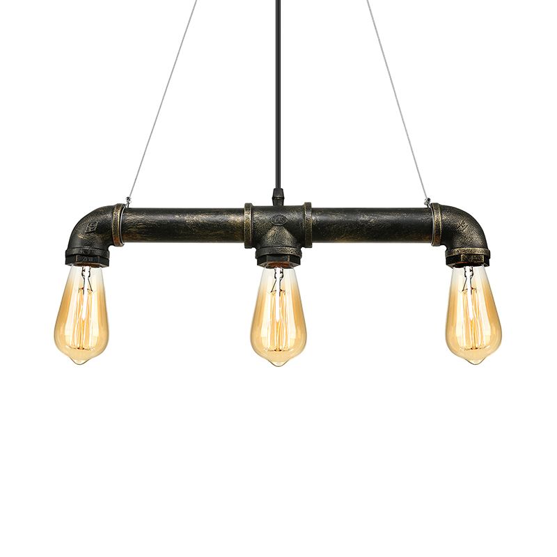 Aged Brass Pipe Ceiling Light Fixture with Open Bulb Antique Style Iron 3 Lights Indoor Island Pendant Light