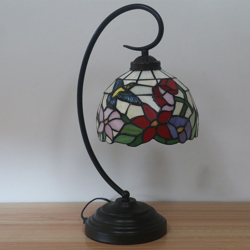 Red/Yellow 1 Light Night Table Lamp Tiffany Hand Cut Glass Domed Blossom Patterned Desk Lighting for Bedroom