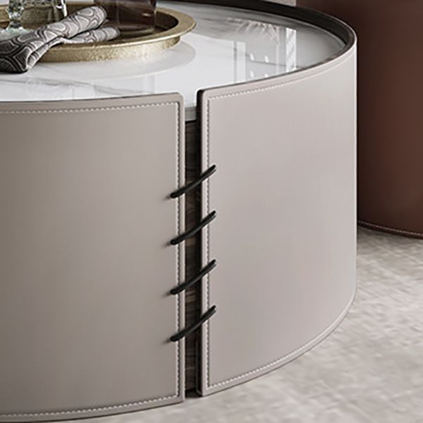 Contemporary Round Coffee Table Leather and Stone Coffee or End Table Drum