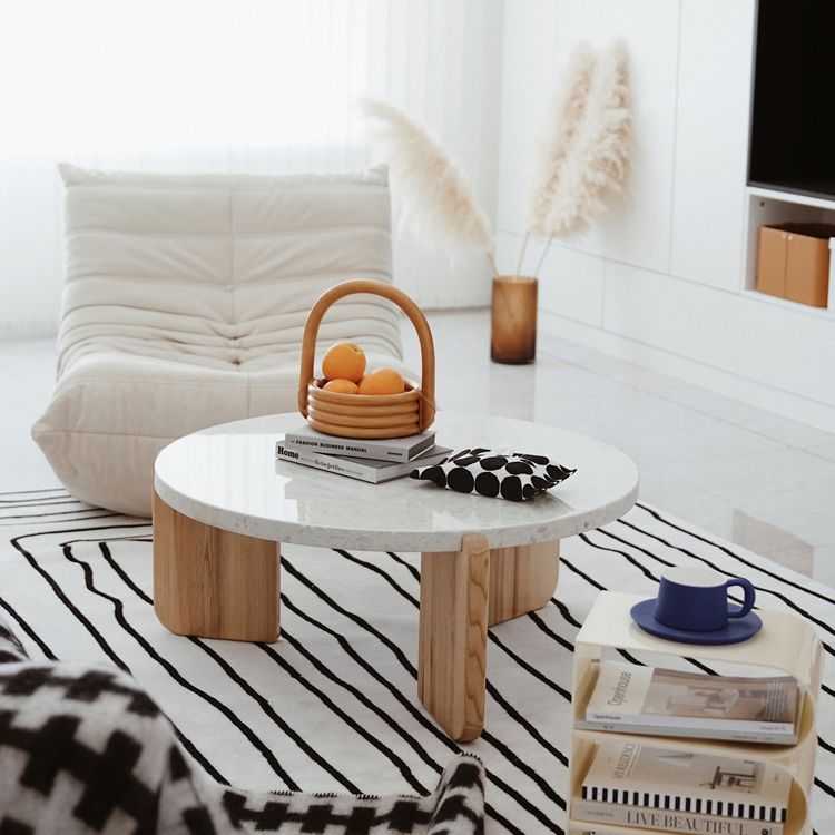 Solid Wood 3 Legs Coffee Table Modern 1 Single Terrazzo Cocktail Table