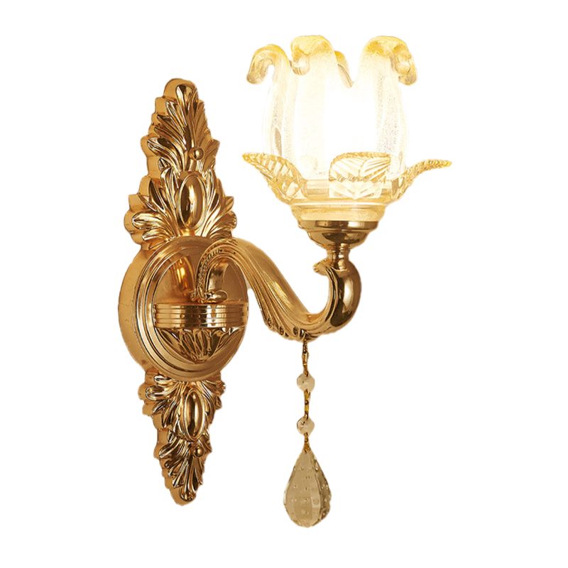 Gold 1/2-Bulb Sconce Light Traditional Frosted Glass Floral Wall Lighting Ideas for Living Room