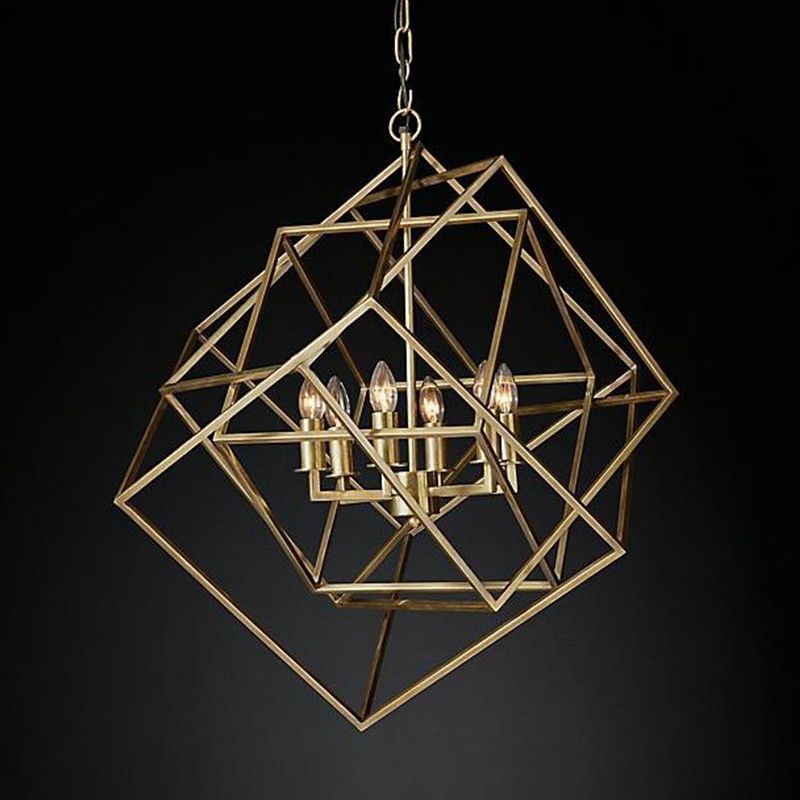 Geometric Metal Chandelier Light Traditional 6 Lights Living Room Pendant Lighting in Brass/Chrome