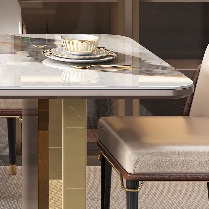 Moderne gesinterde stenen tafel set van 5/7 met rechthoektafel dinerset met gouden dubbele voetstuk