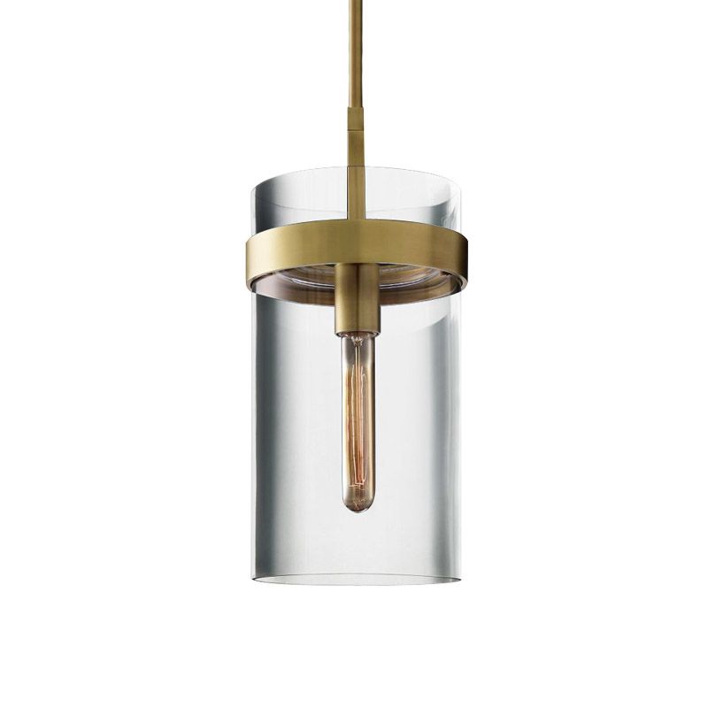 Brass Cylinder Ceiling Pendant Light Postmodern 1 Light Clear Glass Hanging Lamp Kit