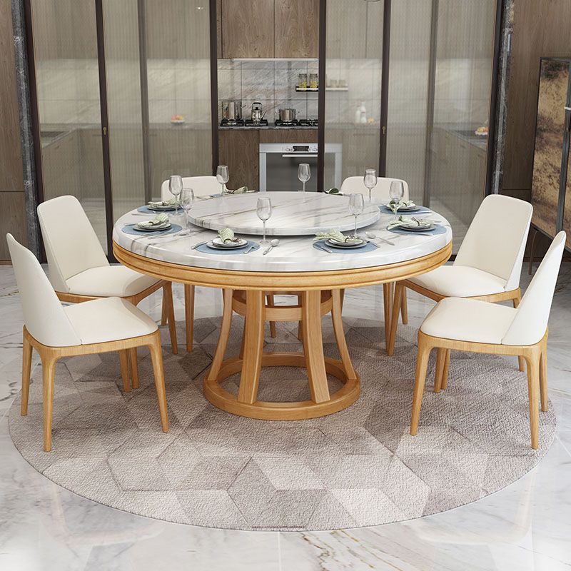 Stone and Solid Wood Dining Table with Pedestal Base Modern Dining Site Table
