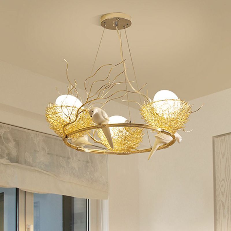 Artistic Bird Nest and Egg Chandelier Aluminum Dining Room Pendant Light in Gold