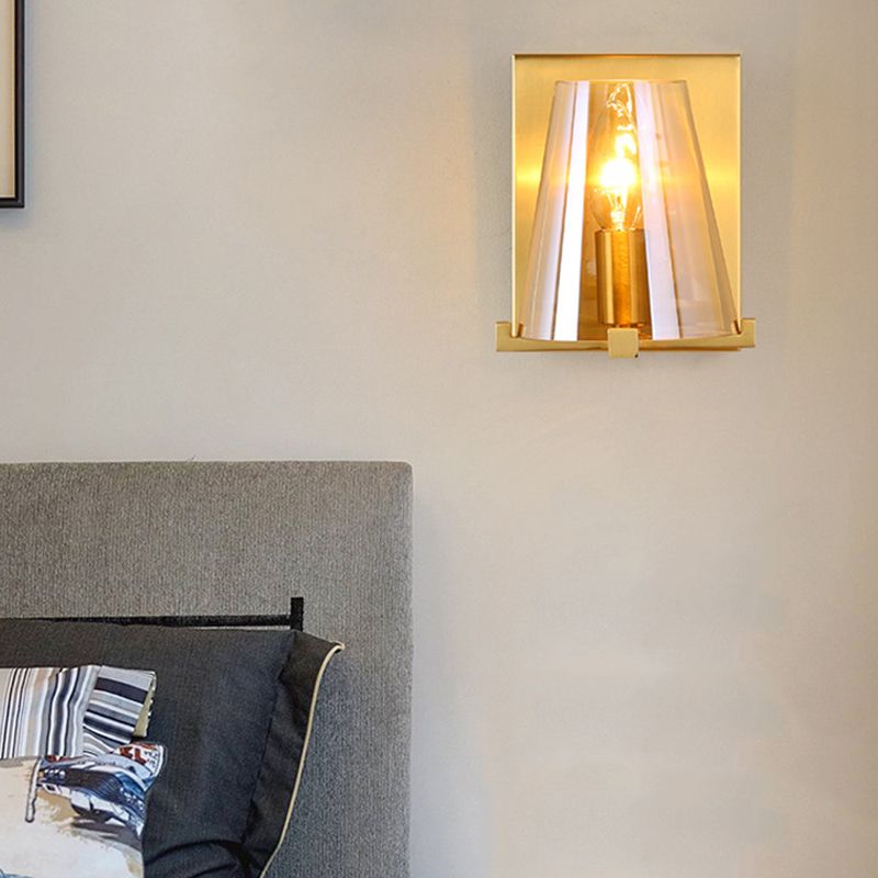 1 Head Wall Mount Light Colonialism Cone Shape Clear Glass Wall Sconce in Brass for Kitchen