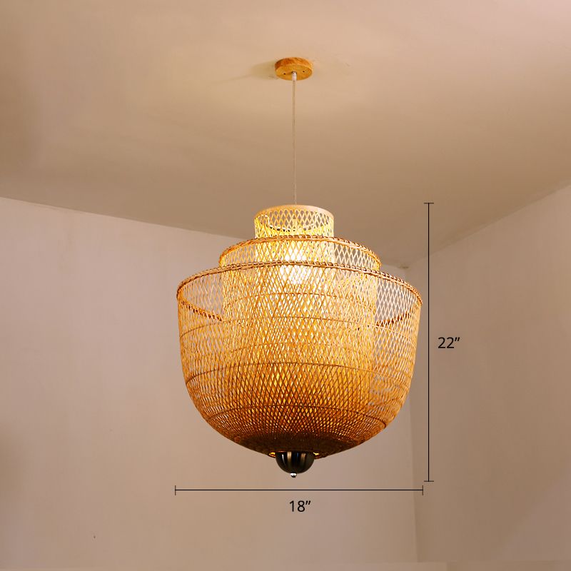 Layered Bamboo Suspension Lighting Minimalist 1 Head Wood Pendant Ceiling Light for Tea Room