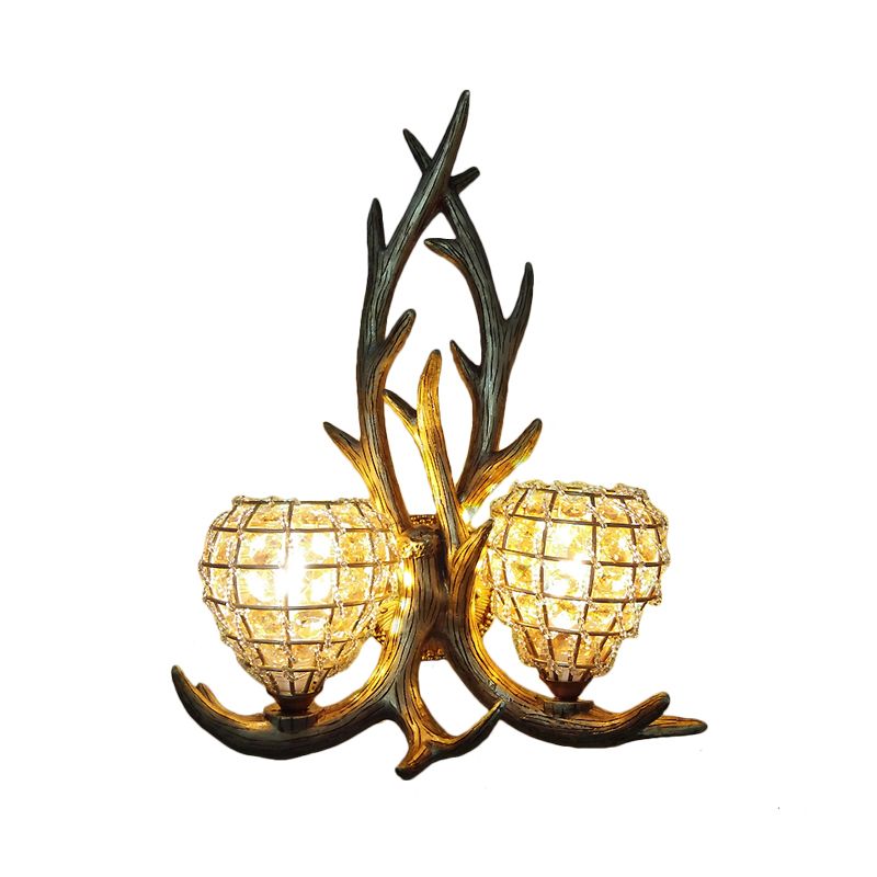 Resin Antler Wall Lighting Country 2-Light Bedroom Sconce Light Fixture in Brown/Gold with Globe Crystal Shade