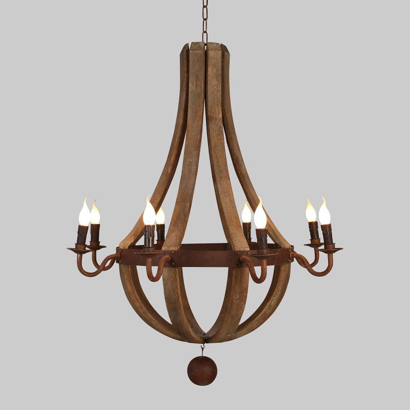 Solid Wood Traditional Style Chandelier Rust Candlestick Lamp Holder Vintage Lighting Pendant with Decorated Iron Pendant Ball