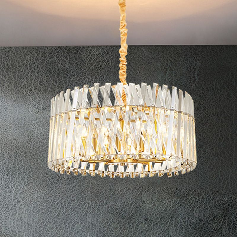 Round Tri-Sided Crystal Rod Hanging Light Fixture Postmodern 8/10 Lights Gold Chandelier Lamp