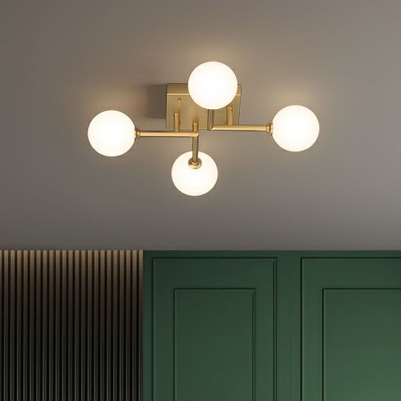 White Glass Balls Close to Ceiling Light Simplicity Gold Finish Semi Flush Mount Light Fixture