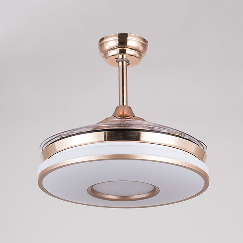 Montaje semi de metal LED de luz de ventilador redondo contemporáneo de 36 "de ancho en plata con 4 cuchillas para dormitorio, control remoto/pared/control remoto y de pared